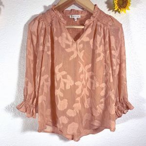 Moon River Rose Pink Gold Metallic Ruffle Embroidered Floral Blouse Size Small